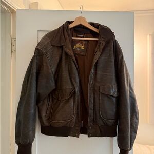 Vintage Dark Brown Leather Bomber Jacket